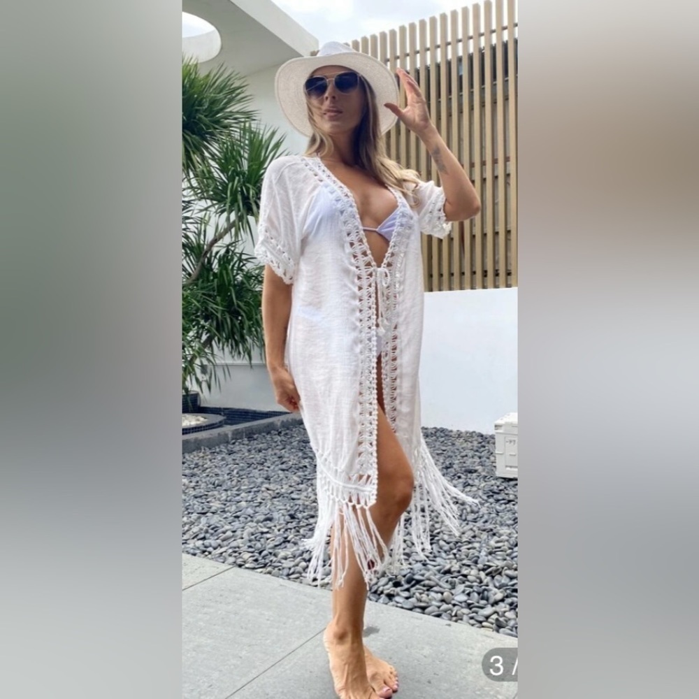 SHEIN Fringe gauze crochet semi sheer belt tie kimono short sleeve NEW size OS